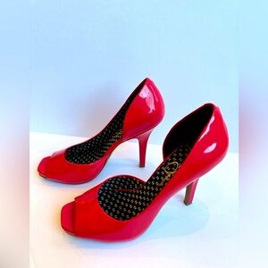 Jessica Simpson Vibrant Coral/Red Peep-Toe Patent 4.5” Heels Sz 10
